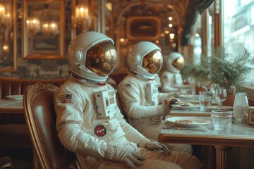 A team of astronauts gather around a sleek dining table, their pressure suits a stark contrast against the modern indoor furniture, as they discuss their mission in the vastness of space