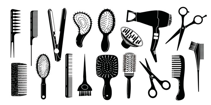 Hair stylist tools set. Black and white icons for hairdressing salon. Hair dryer, comb, scissors and professional tools for hairdressing salon.Vector illustration.