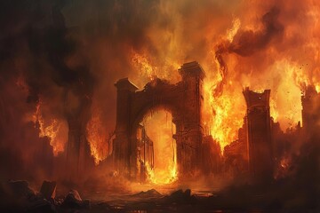 Fiery illustration of hell's gates - obrazy, fototapety, plakaty