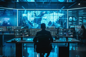 Futuristic cybersecurity command center with high-tech displays and analysts - obrazy, fototapety, plakaty