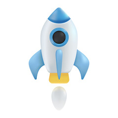 Rocket takes off. Startup business concept. Spaceship isolated on white background. Trendy 3d vector realistic illustration.