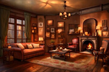A cozy Victorian living room with a fireplace, antique furnishings, and warm, subdued lighting, evoking a sense of nostalgia and comfort, Artwork, digital painting with attention