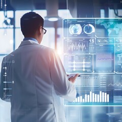 Analyze the growth of a medical business with graphs and data reflecting the prospering investment and financial stability, connected to a global medical hub network.