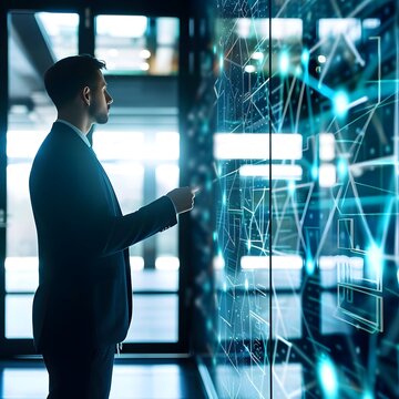 Businessman implementing new policies and advanced technology in a modern office setting.