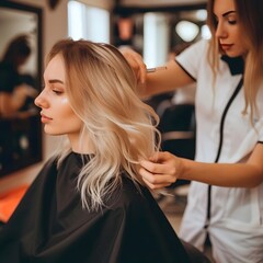 Naklejka premium A moment captured in a hairdresser salon where a beautiful blonde model woman is getting a new haircut, dyeing her hair, and having it styled whilst engaged in conversation with the hairstylist.
