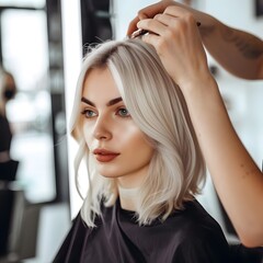 Fototapeta premium A moment captured in a hairdresser salon where a beautiful blonde model woman is getting a new haircut, dyeing her hair, and having it styled whilst engaged in conversation with the hairstylist.