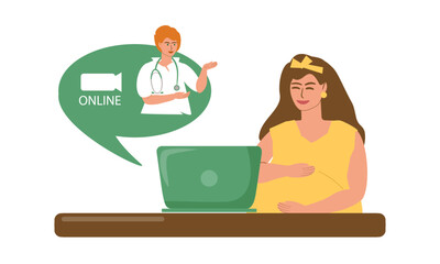 Pregnant woman having an online consultation with a doctor. Motherhood, caring for the health of the expectant mother, medical care, support, modern technology. Vector color illustration.