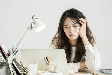 仕事で困って頭を抱えている日本人女性の会社員（残業・タスク・仕事量・ミス・バグ） 