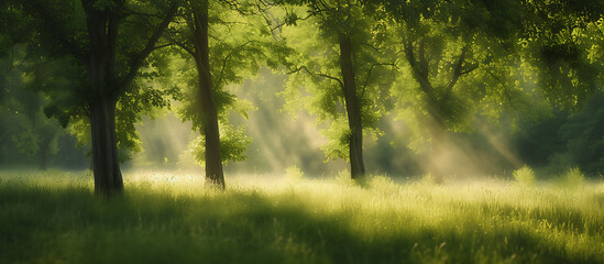an image of a green grassy forest scene with trees in