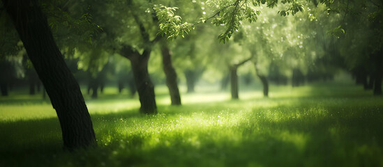 an image of a green grassy forest scene with trees in - obrazy, fototapety, plakaty