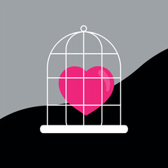 Vector illustration of a heart is in a cage. Feelings are locked. Domestic violence. Heart icon, cell icon. Concept of human mind, pain due to separation, human mind, mental prison. 