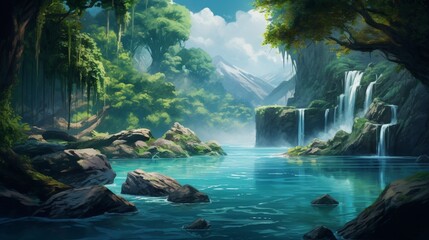 A 2D oil painting of a serene lake transitioning into a 3D waterfall