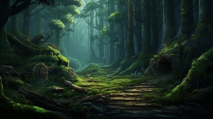 A 2D sketch of a dense forest evolving into a 3D enchanted woodland