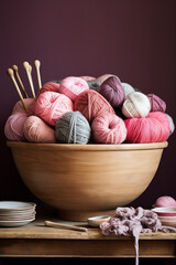 Obraz na płótnie Canvas A wooden bowl with pink yarn and knitting needles. Generative AI 