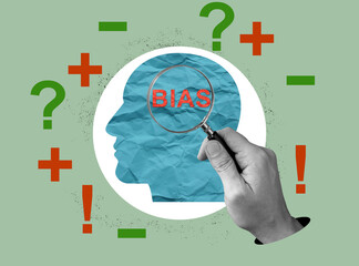 Bias concept. Collage with a hand holding a magnifying glass and a paper head.