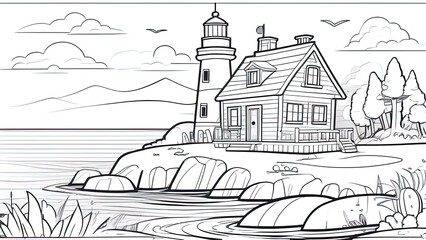 Coloring book for children and adults. . Sea landscape with an old sailboat and lighthouse. Black and white drawing. Printable page.