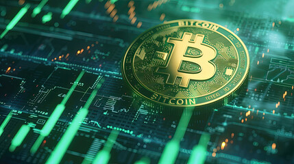 Fototapeta premium Bitcoin trading bull market with green stick trading chart and arrows