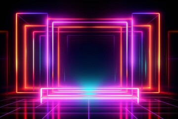 Abstract neon geometric background with stage laser show illumination and virtual reality. Colorful rectangular shapes, square frames and glowing neon lines. Generative AI