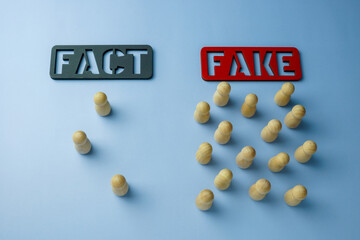 Plates of fact and fake with figures who chose them. Disinformation and propaganda concept.