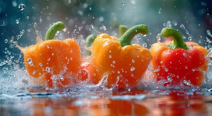 Vibrant orange peppers dance in the refreshing spray of water, celebrating the abundance of nature's colorful produce and the delicious possibilities of vegetarian cuisine