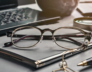 Fototapeta premium glasses, calculator and pen on notebook. Office, business background