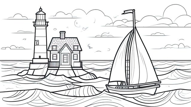 Coloring book for children and adults. . Sea landscape with an old sailboat and lighthouse. Black and white drawing. Printable page. Sketch  in zen-tangle style. Vector picture