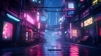 A  alley with 2D neon advertisements floating in the air