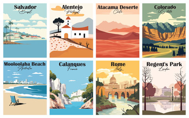 Alentejo, Portugal. Atacama Desert, Chile. Calanques, France. Colorado, US state. Mooloolaba Beach, Australia. Regent's Park, London. Rome, Italy. Salvador, Brazil.