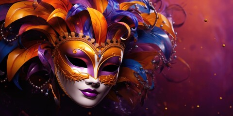 A vibrant Mardi Gras carnival mask adorned with beads, feathers, and festive decorations against a colorful background.