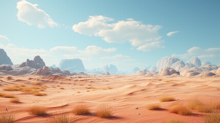 A desert with 2D animated mirages shimmering in the distance
