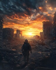 lone soldier navigating through destroyed buildings