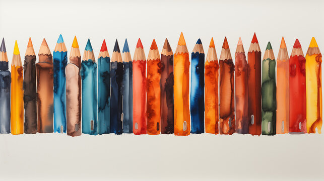A set of colored pencils watercolor illustration. Red, blue, green, orange, pink, purple colors. Hand drawn, isolated on a white background.