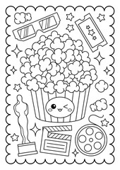 Cute popcorn, movie, film, Oscar. Kawaii characters. Sweets, dessert. Cute coloring page for kids and adults, black and white vector illustration.