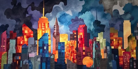 City skyline themed quilt pattern, background. 