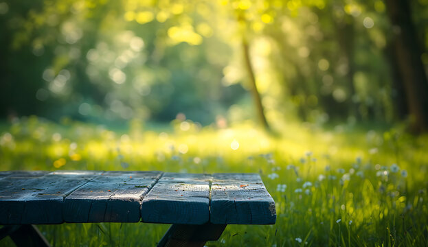 an old wooden table sits on the grass next to the for