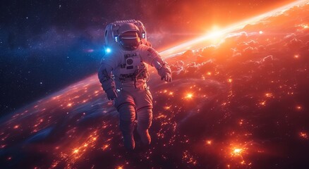 Fototapeta na wymiar A solitary astronaut drifts through the vast emptiness of outer space, gazing upon the awe-inspiring sight of earth and the radiant sun, a reminder of the fragile beauty of our universe