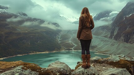 A woman stands at the edge of a cliff, looking out over a tranquil lake and snow-covered mountains shrouded in mist.