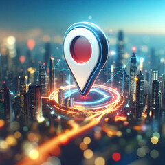 3d Gps icon on bokeh city skyline abstract background. ai generative