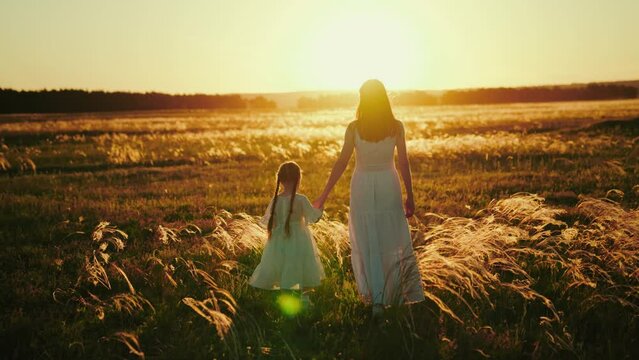 Child and mother choose suitable location for photo shot on field at sunset. Child with mother walks in field regretting father busy at work. Child shares with mother concerns about problems at school