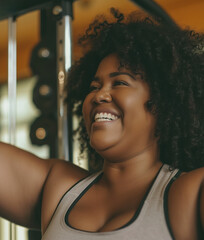 Smiling plus size young black woman working out in gym