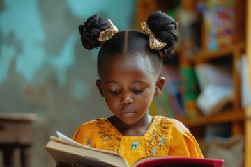 african little girl reading book in classroom 