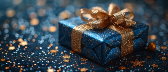 An alluring blue and gold parcel, beckoning with mystery and promise, evokes feelings of joy and wonder as it waits to be unwrapped