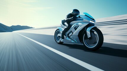 Obraz na płótnie Canvas A 3D futuristic motorcycle speeding on a 2D hand-drawn road
