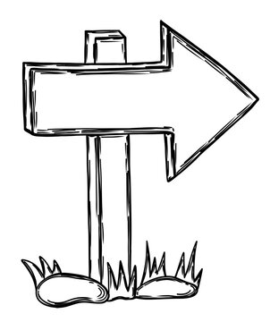 Wooden qrrow sign with snones in hand drawn doodle style