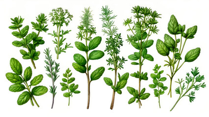 Botanical illustration of medicinal aromatic garden herbs on white background. Mint,oregano,coriander,
rosemary,basil,parsley dill and thyme. Generative AI. 