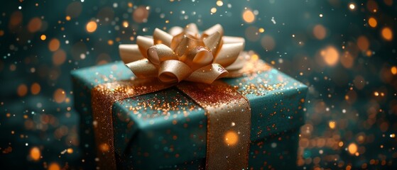A sparkling present adorned with a dainty bow, wrapped with care and ready to spread joy with its luminous essence - obrazy, fototapety, plakaty