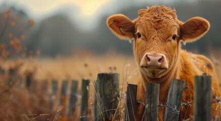 A solitary dairy cow stands behind a wooden fence, her brown coat blending into the lush green grass as she gazes out at the vast outdoor field, a gentle reminder of the beauty and simplicity of farm