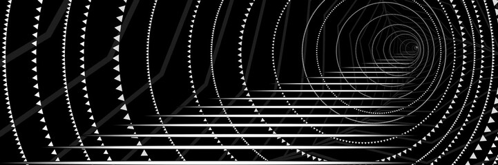 Abstract Black and White Pattern with Circles and Ladder. Spiral Round Tunnel. Geometric Psychedelic Texture in Perspective. Raster. 3D Illustration