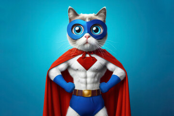 full body cat surprised face with bulging big eyes in mask and hero cape over blue bright background. ai generative