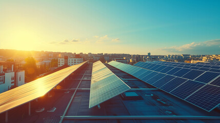 Fototapeta premium Solar panels on a building roof, overlooking a cityscape during a vibrant sunset..